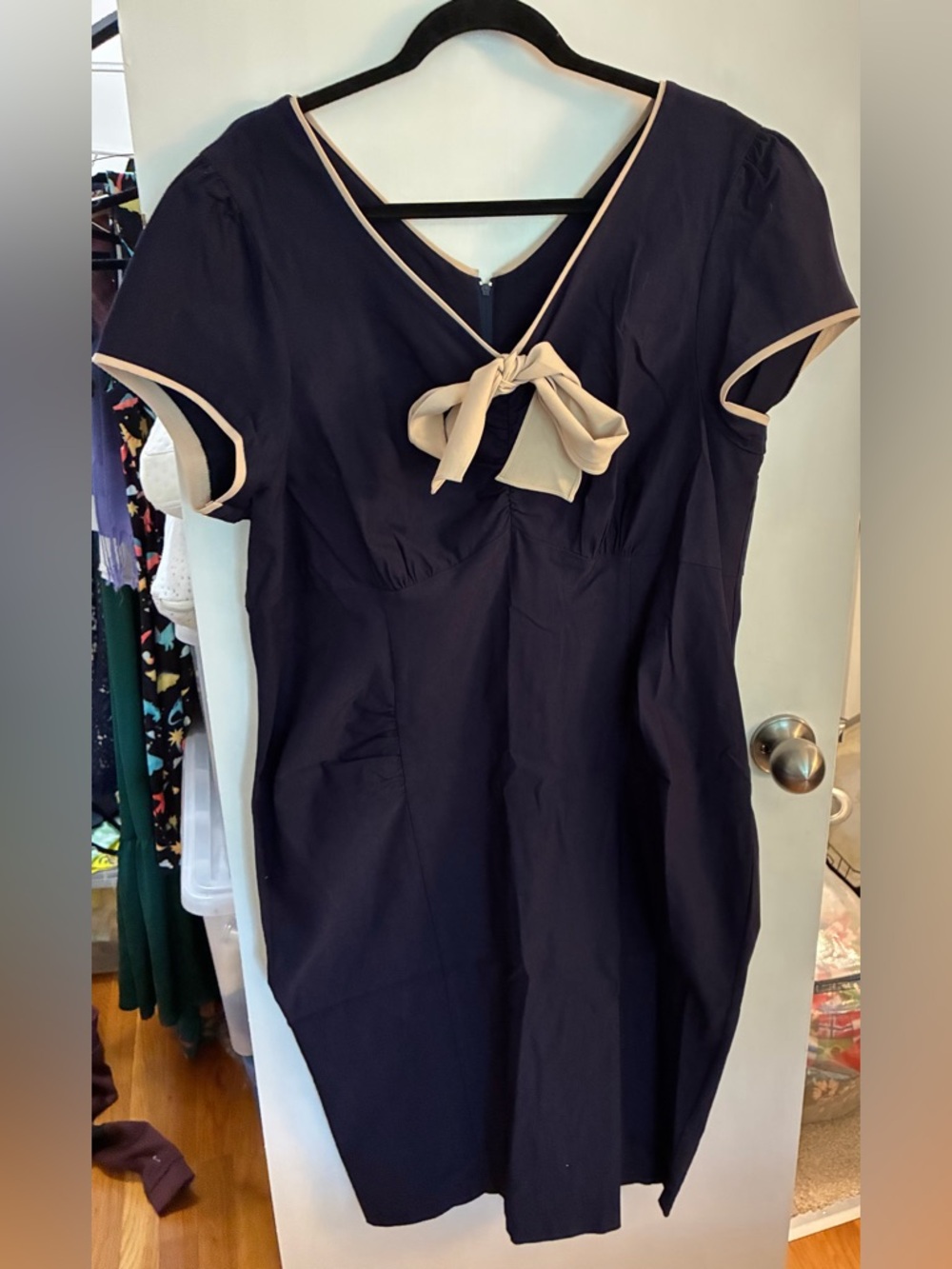 Stop Staring 2X Navy Dress with Cream Trim Bow Accent